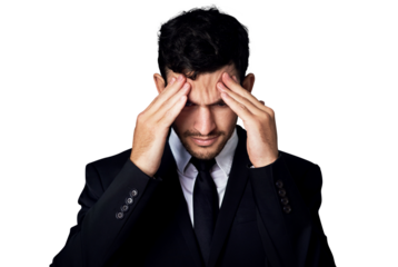 Headache, problem and business man stress over company mistake, corporate disaster or work crisis risk, fail or burnout. Migraine, head pain and tired expert isolated on transparent, png background