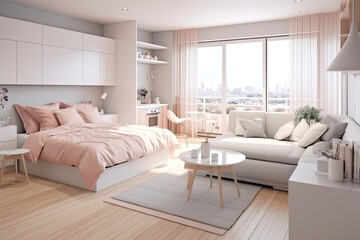 Fototapeta na wymiar Scandinavian style small studio apartment with stylish design in light pastel colors with big window