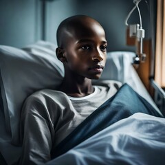 An young handsome African American black male boy sick with cancer. He is a patient in a hospital. - obrazy, fototapety, plakaty