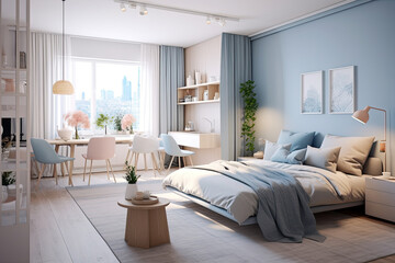 Scandinavian style small studio apartment with stylish design in light pastel colors with big window - obrazy, fototapety, plakaty