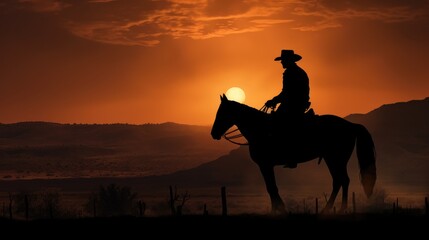 Fototapeta na wymiar Silhouette of a cowboy with a hat on a horse at sunset