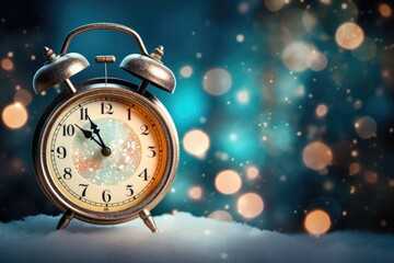 Vintage New Year clock on snow with Christmas tree. Generative AI