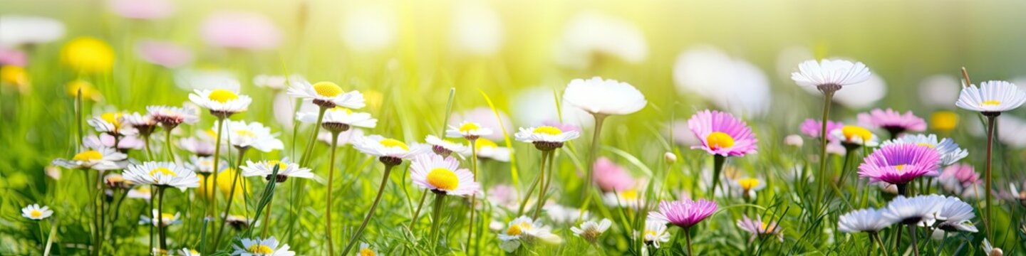 Sunny Day in the Spring Meadow. White and Pink Daisies, Yellow Dandelions