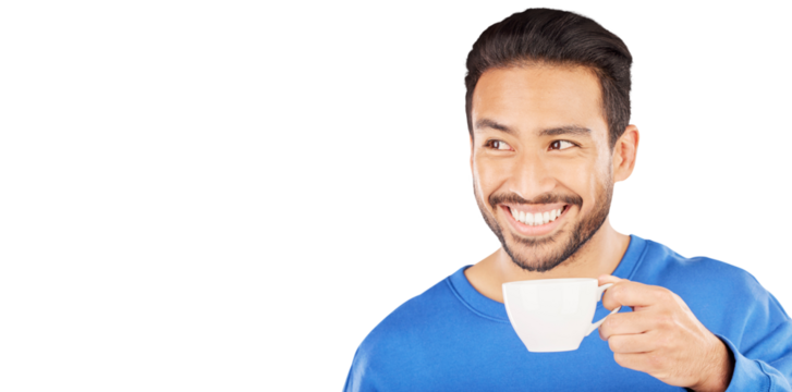 Happy Asian man with coffee, thinking and isolated on transparent png background planning start to day. Male person with smile, relax with tea cup or morning drink with ideas, insight or reflection. - Powered by Adobe