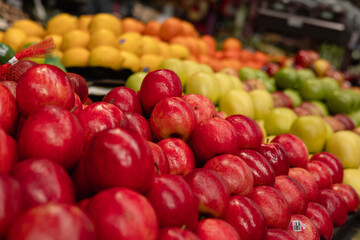 lemon, red and green apples on the market, fruit and vegetable corner in supermarket, retail business, farming