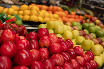 lemon, red and green apples on the market, fruit and vegetable corner in supermarket, retail business, farming