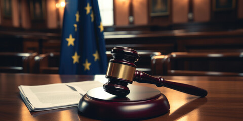 European Union Flag in Courtroom with Judge's Gavel - obrazy, fototapety, plakaty