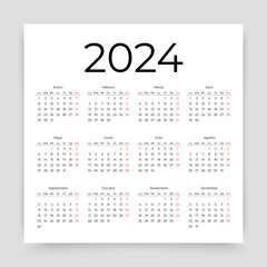Spanish Calendar 2024 year. Spain calender template. Week starts Monday. Desk organizer with 12 month. Yearly grid on white background. Scheduler layout. Vector illustration. Simple design.