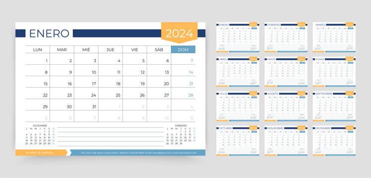 Calendar 2024 year. Spanish planner template. Week starts Monday. Desk schedule grid. Yearly corporate organizer. Calender layout. Horizontal monthly diary with 12 month. Vector simple illustration