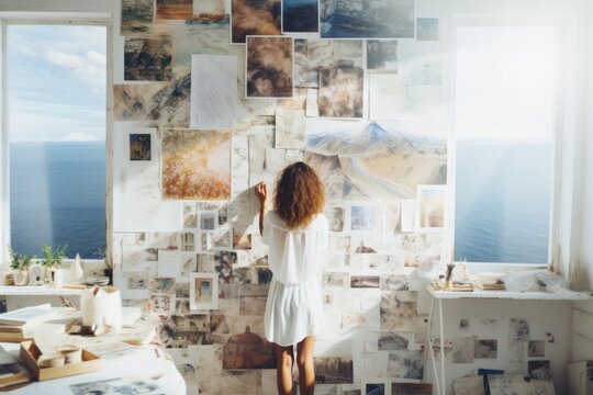 a young motivated and focused woman journalling and making her vision board to manifest her dreams and plans, in a white room full of pictures, images, cliparts and visual resources