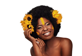 Smile, portrait and black woman with flowers for skincare, cosmetic and natural face routine....