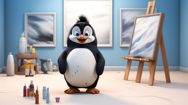 A cheerful cartoon penguin stands proudly in an artist's studio, surrounded by paintings and art supplies, evoking a sense of creativity and fun.