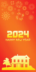 Happy New Year 2024 phone wallpaper, gold numbers 2024 on red background poster, invitation, Merry Christmas and happy new year greeting card, vector illustration