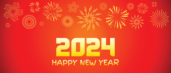 Happy new year 2024, golden  numbers 2024 with firework, red new year greeting card, banner, header template, flat vector illustration