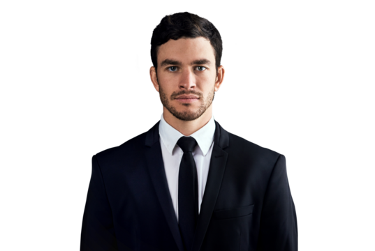Businessman, confident or portrait with professional, fashion suit or corporate career. Young guy, entrepreneur or serious face for job pride with ambition and isolated on transparent png background