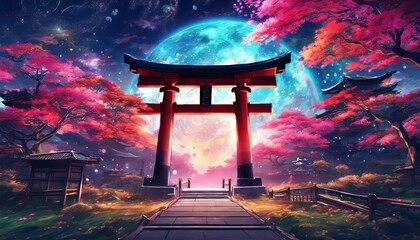 Colorful Vibrant Anime Torii Gate Japanese Landscape with Sakura and Galactic Sky background - obrazy, fototapety, plakaty