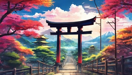 Colorful Vibrant Torii Gate Japanese Landscape with Sakura and Beautiful Sky Village background - obrazy, fototapety, plakaty