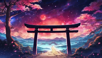Fotobehang Colorful Vibrant Anime Torii Gate Japanese Landscape with Sakura and Galactic Sky background © Nouzen