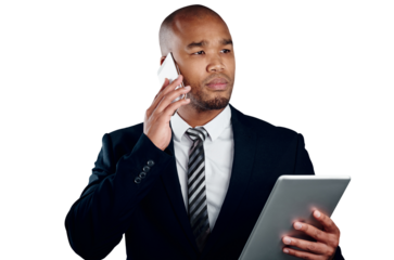 Businessman with phone call, tablet and communication isolated on transparent png background at law firm. Networking, digital app and black man lawyer with online business, smartphone or discussion.