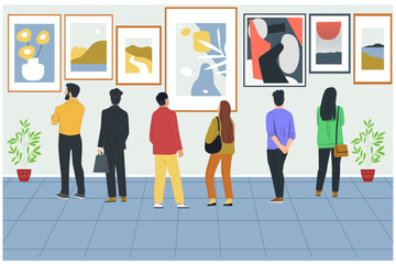 Visitors are viewing modern creative artworks paintings at Exhibition. Vector illustration.