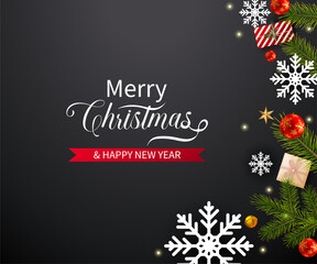 Holiday Christmas card background with festive decoration ball, stars, snowflakes, gift box, pine cones on a black background from Flat lay, top view. Space for text Merry Christmas and happy New Year