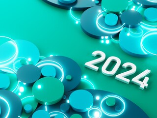 Fototapeta premium happy new year festival party, graphic abstract design. celebration geometric. happy decoration idea. 2024 number text. christmas art winter wallpaper. background sparkle rendering, 3d illustration