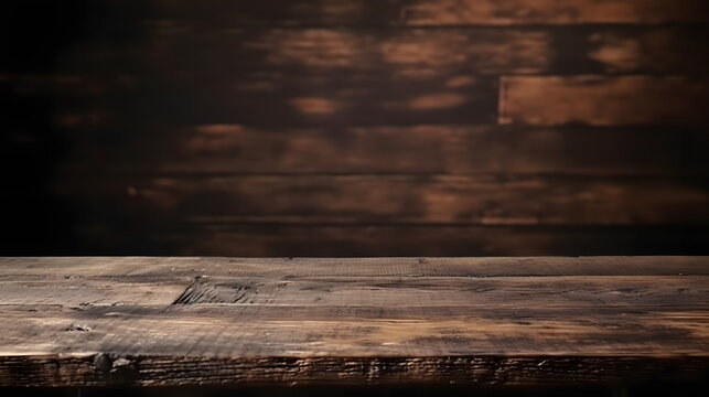 Old wood table with dark brown wall blurred background. Generative AI.