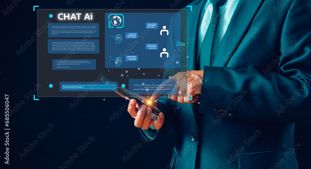 Poster businessman chat with ai technology on smartphone screen, chatbot message answer customer question, 