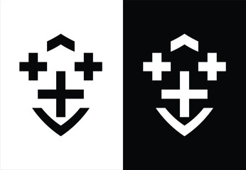 ABSTRACT SHIELD-SHAPED VECTRO MONOGRAM DESIGN. BLACK AND WHITE BACKGROUND.