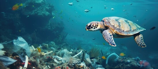 Sea pollution pictured, impacting marine environment; turtle swims amidst plastic waste, debris.