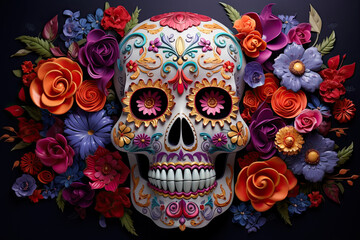 sugar skull with colorful flowers