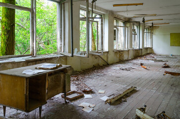 Premises of abandoned school in resettled village of Orevichi in exclusion zone of Chernobyl...