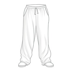 A drawing of sweatpants. Sketch of slacks on the white background, isolated. Knickers, sports trousers. Pants with tie, string. Baggy, loose track pants. Sneakers