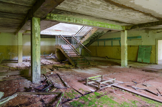 Hall of abandoned school in resettled village of Pogonnoye in Chernobyl Nuclear Power Plant exclusion zone, Belarus
