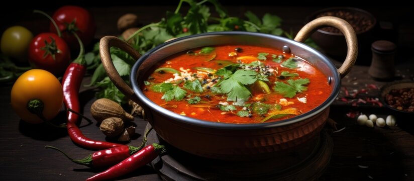 South Indian tomato rasam curry - a hot and spicy soup made with Indian spices, tomato, tamarind, chili, and cumin. Traditionally a vegetarian dish served with rice, it is popular in Kerala, Tamil