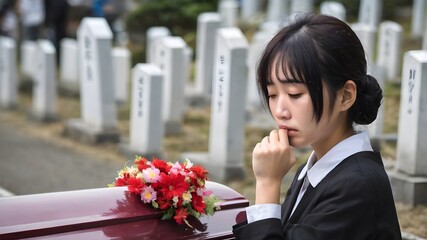 Sad Asian Woman In Funeral Ceremony Background