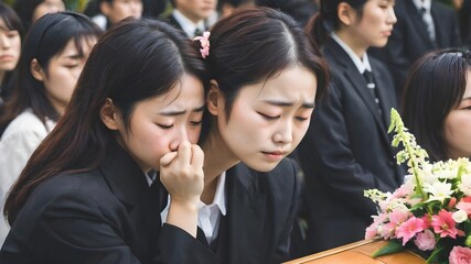Sad Asian Woman In Funeral Ceremony Background - obrazy, fototapety, plakaty