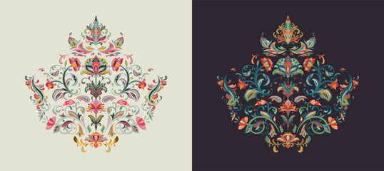 Set of two vector oriental motifs in light and dark color variations.
