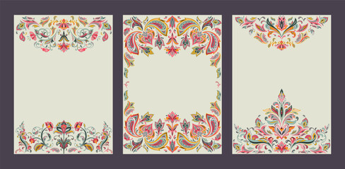 Set of three vector pre-made frames with oriental motifs and paisley ornament.