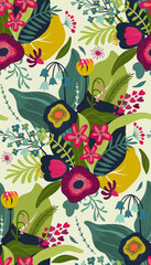 Vector seamless pattern with bright flowers and leaves. Endless floral background - 685508041