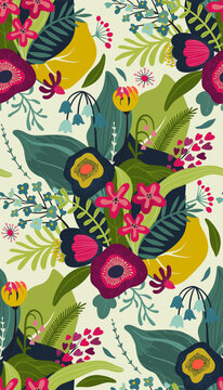 Vector seamless pattern with bright flowers and leaves. Endless floral background