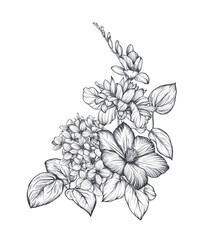 Beautiful hand drawn vector composition with black and white blooming garden flowers