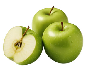 Green apples halved fruit isolated cutout on transparent background. for advertisement. product presentation. banner, poster, card, t shirt, sticker.