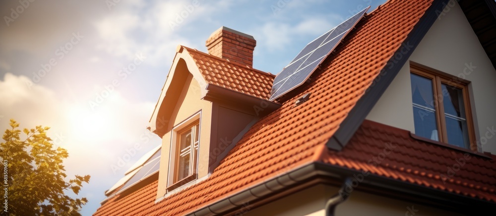 Wall mural solar panels installed on historic building gable roof with chimney, used for residential solar ener