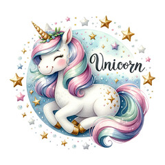 Serene unicorn with stars and a dreamy backdrop, Unicorn word