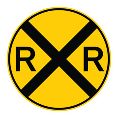 Obraz premium railway crossing sign, railroad level crossing ahead signs in yellow circle with black cross and R