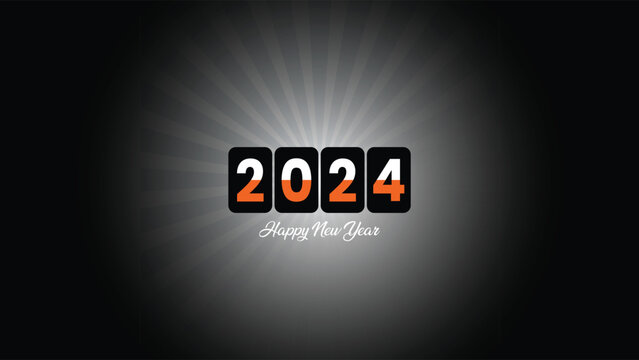 Big Screen "Happy New Year 2024" lettering calligraphy Ultra HD Wallpaper or social media post with a nice sunray effect on a Nice Deep gray gradient backdrop
