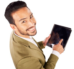 Portrait, smile and business with man, tablet and financial adviser isolated on transparent...