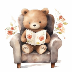 Cute baby bear read a book on wooden chair, bear reading a book, watercolor PNG