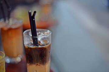 Close up of Vietnam milk iced coffee, street and daily drinks of people